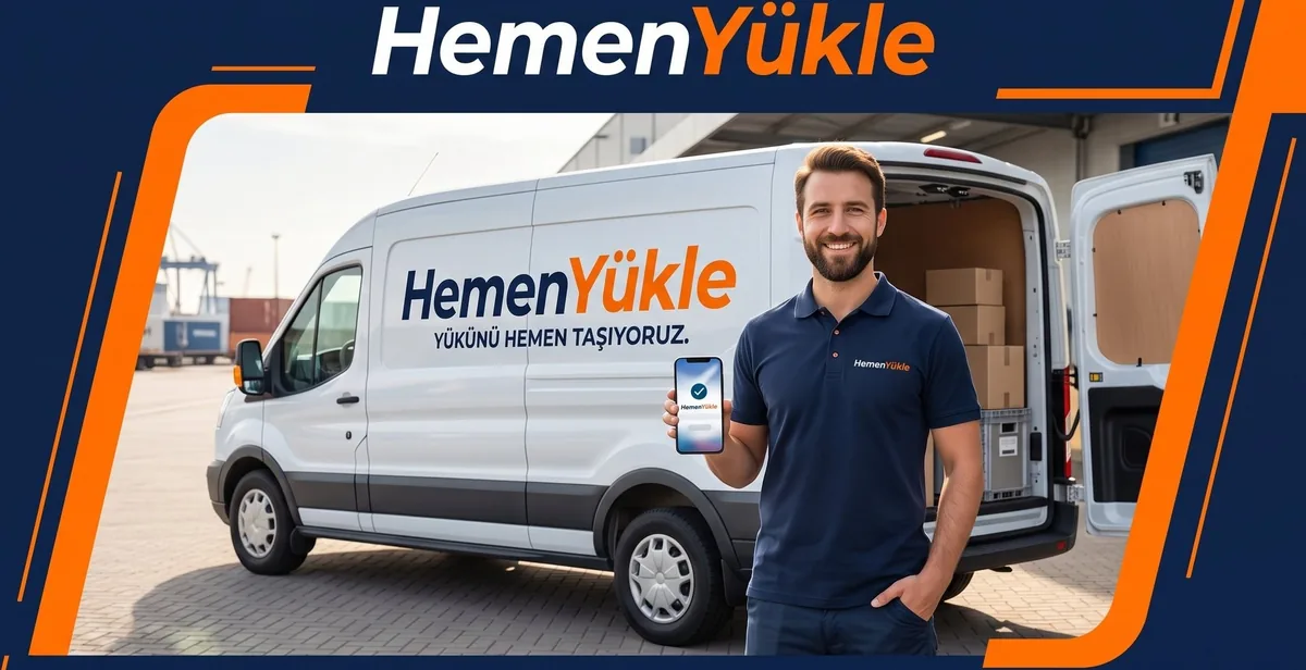 Hemen Yükle liveryli bir teslimat aracının yanında duran şoför